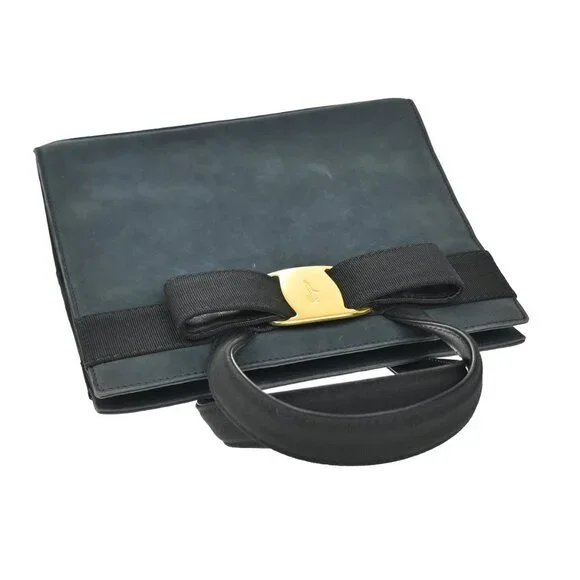 SALVATORE FERRAGAMO Vara Hand Bag Suede Leather Navy Blue Gold Italy 69KB383